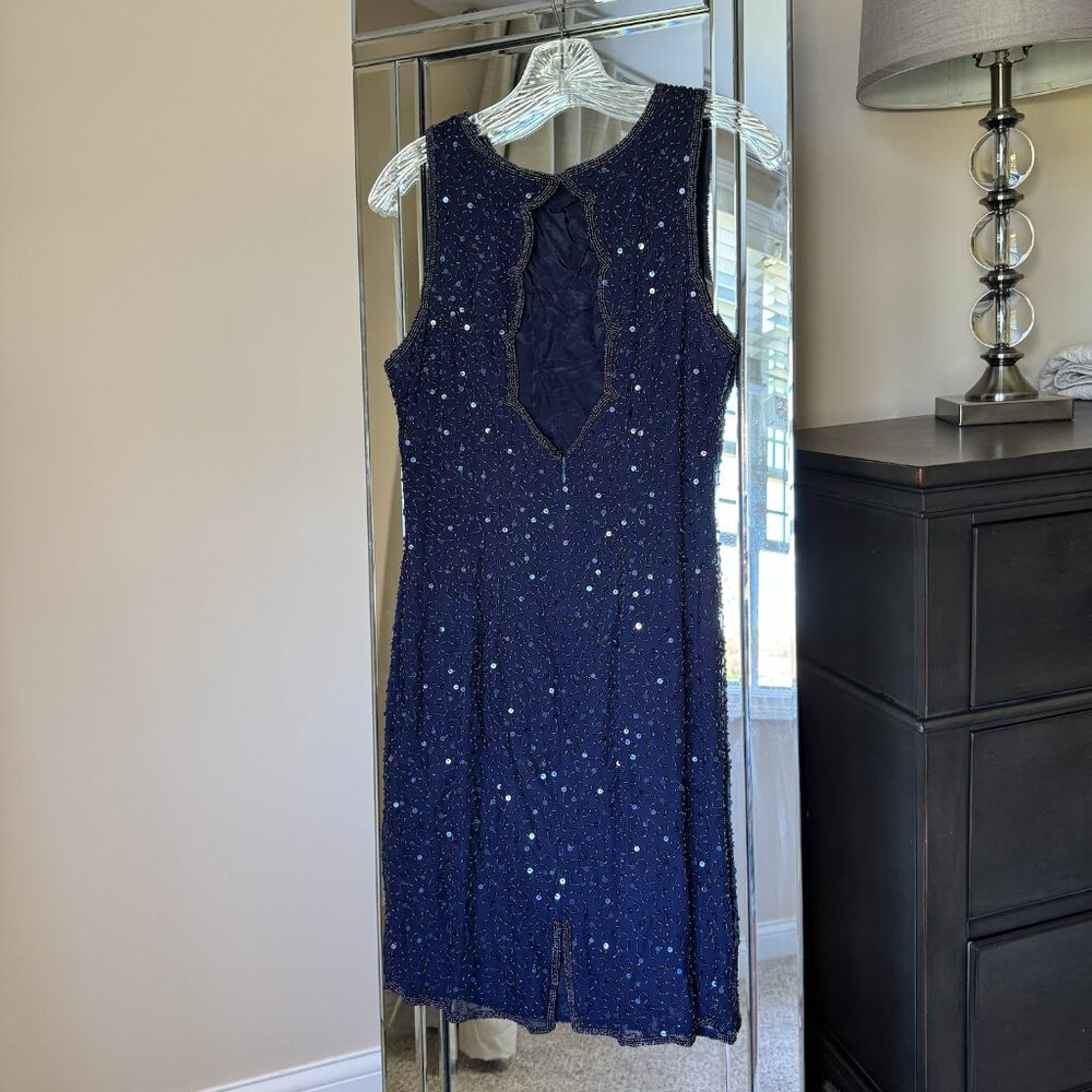 vintage 100% silk Roberta sequin sparkle mini dress beaded cocktail navy blue